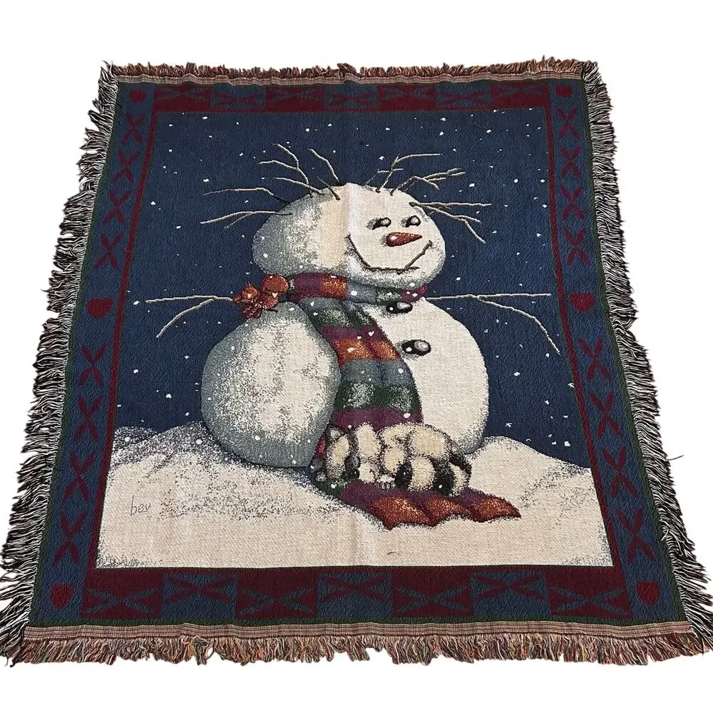 Vintage Whimsical Snowman Woven Fringe Throw Blanket 54x60